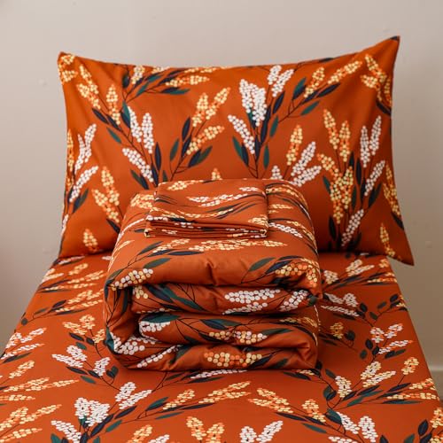 Image of Luxlovery Toddler Comforter Set Orange Floral Botanical Kids Girls Leaves Bedding Set Bed Set for Dorm 4 Pieces (1 Comforter, 1 Flat Sheet, 1 Fitted Sheet, 1 Pillowcase)