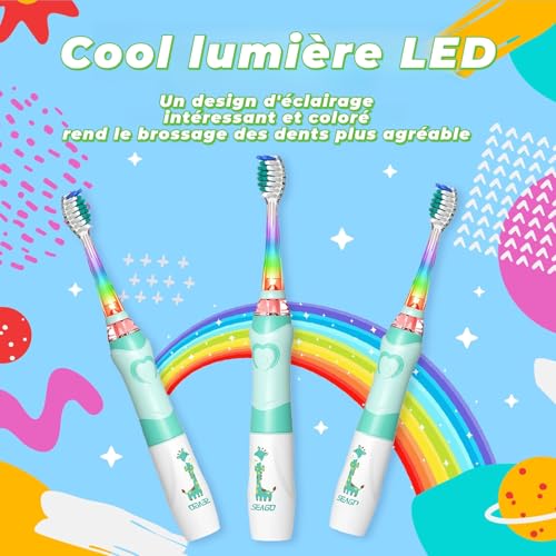 Elektrische Zahnbürste für Kinder, 3-12 Jahre, 2 Minuten Timer für gute Gewohnheiten, 4 weiche Ersatzköpfe, AAA-Batterie enthalten, farbige LED für Spaß beim Zähneputzen (Grün) – Bild 6