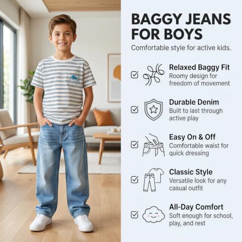 VBTAPA Bootcut Jeans Boys Baggy Jeans Streetwear Trendy Wide Leg Denim Pants Straight Leg Elastic Waist Loose Denim Pant with Pockets 2026 Blue 5 Years - image 6