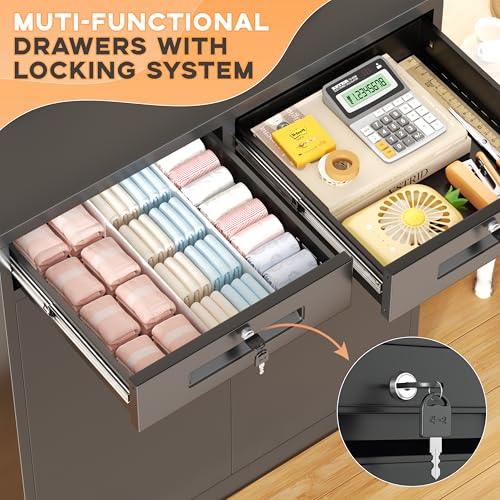 Image of INTERGREAT Metal Garage Storage Cabinets with Lock,Steel Storage Cabinet with Drawer and 2 Adjustable Shelves, Small Lockable Office Steel Cabinet for Home, Warehouse, School, Black