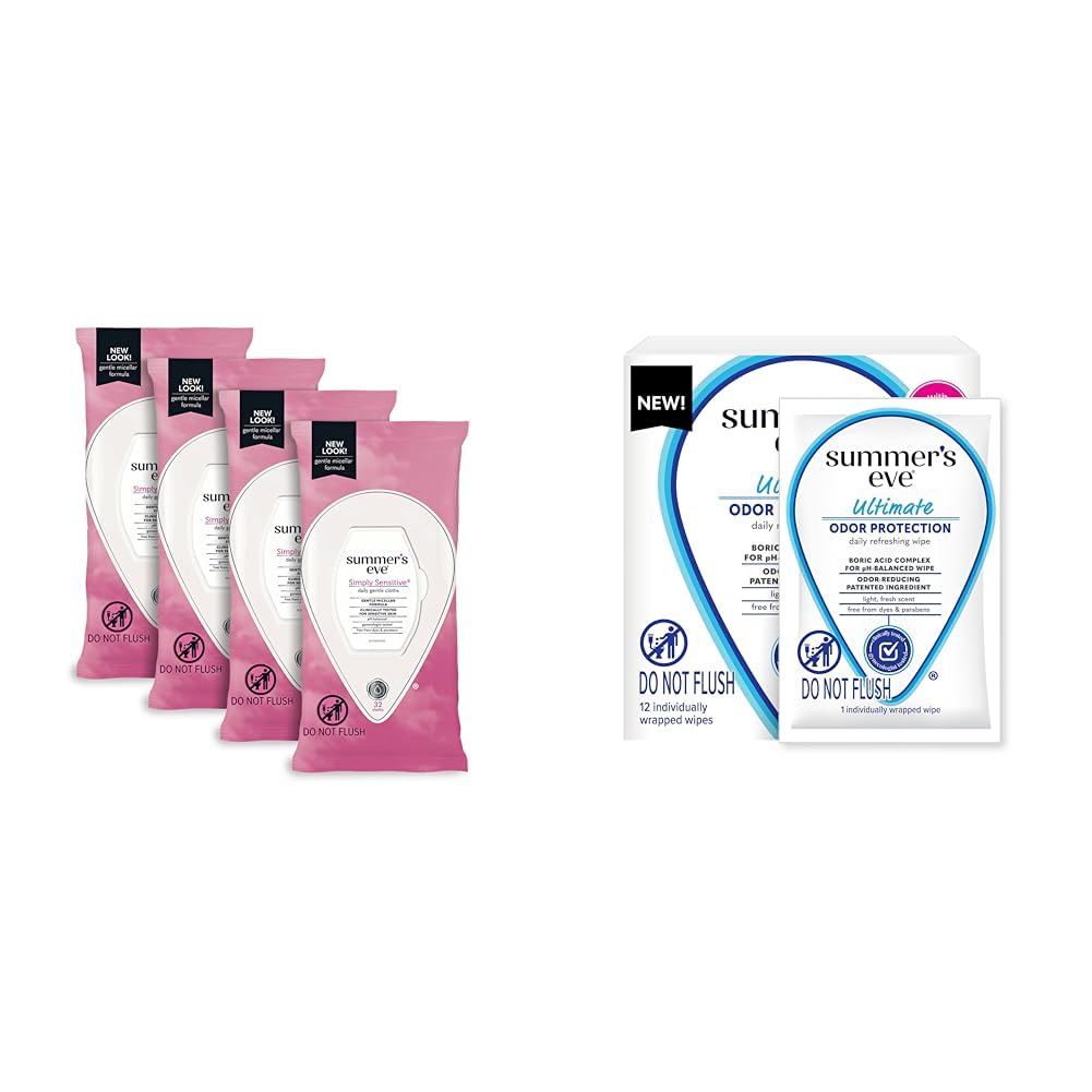 Summer's Eve Simply Sensitive 32ct & Ultimate Odor Control 12ct Feminine Wipes, Removes Odor, pH Balanced