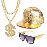 Svovin Hip Hop Costume Kit Gold Rapper Hat Sunglasses Gold Dollar Sign Pendant Necklaces 80s/90s Rapper Accessories