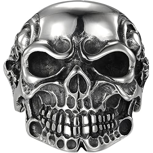 Banemi Anillo de Metal, Anillo Acero Hombre Plata Cráneo Regalos para Aniversario de Pareja Hombre Talla 27