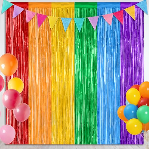 2 Pack Rainbow Backdrop Curtains, 3.28 FT x 7.05 FT Colofull Party Decorations, Metallic Tinsel Backdrop Fringe Curtains Party Streamer, Rainbow Party Supplies for Wedding Birthday Party Engagement