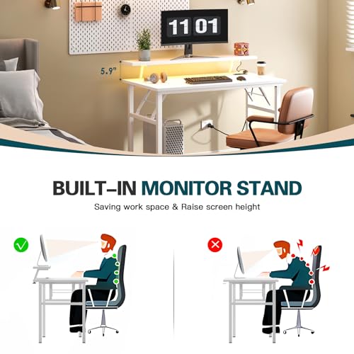 Image of DlandHome 47 inch Computer Desk with Power Outlets & LED Lights, White, Bedroom