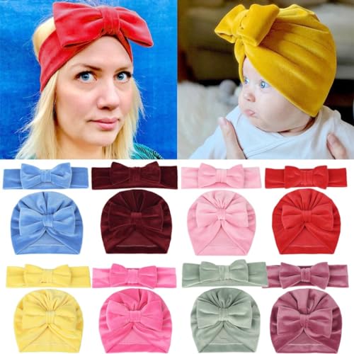 Kapmore Turbante de veludo para recém-nascido com laço: conjunto de 2 peças de bandanas para mãe e b