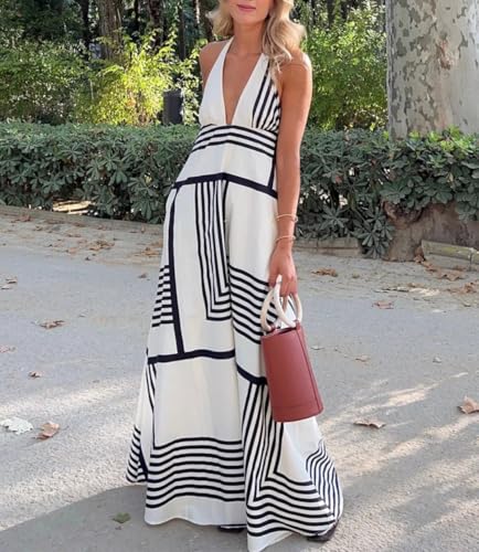 Women White Black Stripe V-Neck Sleeveless Backless Zipper Beach Style Long Dress2