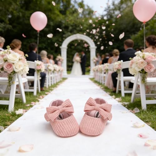Image of Baby Girls Mary Jane Flats with Bowknot Flowers Princess Wedding Dress Ballet Shoes Non-Slip Toddler First Walkers Newborn Crib Shoes