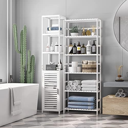 FOREHILL Bamboo Shelving Units 6-tier Storage Shelves Adjustable Kitchen Storage Book Rack Plants Stand Shelf Nature for Bathroom Kitchen 60x26x161cm White