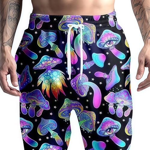 80s 90s Mens Joggers Pants Sports Funny Workout Running Printed Retro Sweatpants Casual Track Pants with Pockets(Black Mushroom-XXL)