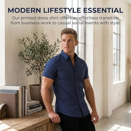 MUSE FATH Men's Printed Dress Shirt-Cotton Casual Short Sleeve Button-Down Point Collar Shirt-Navy Blue New-2XL — view 5