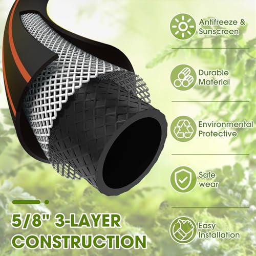 FXFOUCS Heavy Duty Garden Hose – 5/8 Inch Flexible, Lightweight Hybrid Hose with 600 PSI Burst Pressure, Swivel Handle,All-Weather Water Hose, Durable Copper Male/Female Fittings (Black, 50FT)