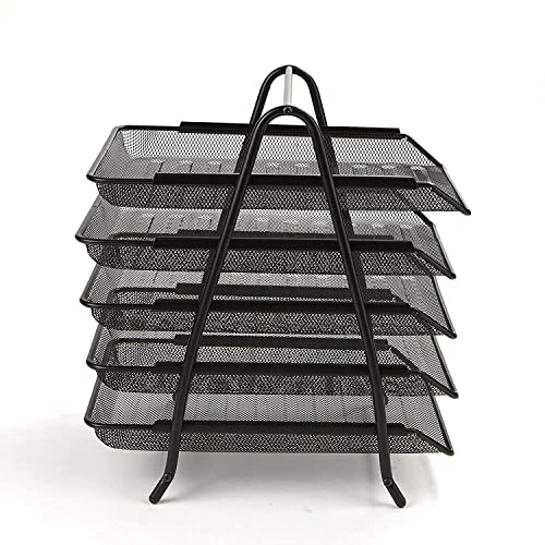 Image of PRANIJ Metal Mesh 5 Tier Desk Organiser A4 Paper File Rack Letter Tray Document Holder For Office, Black