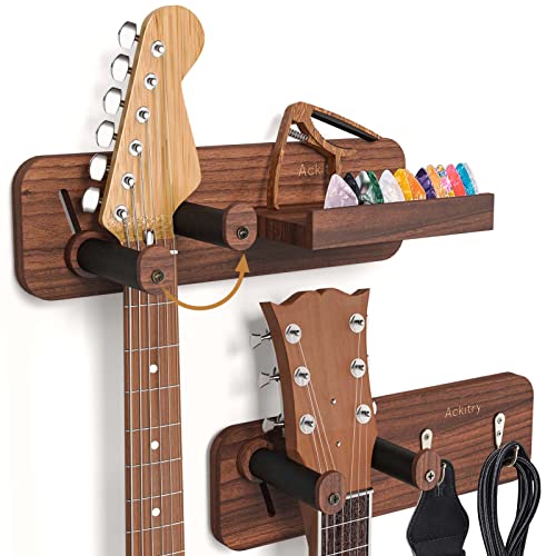 Ackitry 2 Pack Guitar Wall Mount With Adjustable Guitar Holder For All Size Guitar, Wood Guitar Hanger Wall Mount With Shelf And Pick Hooks, Guitar Wall Hanger For Guitar Accessories #TOP4