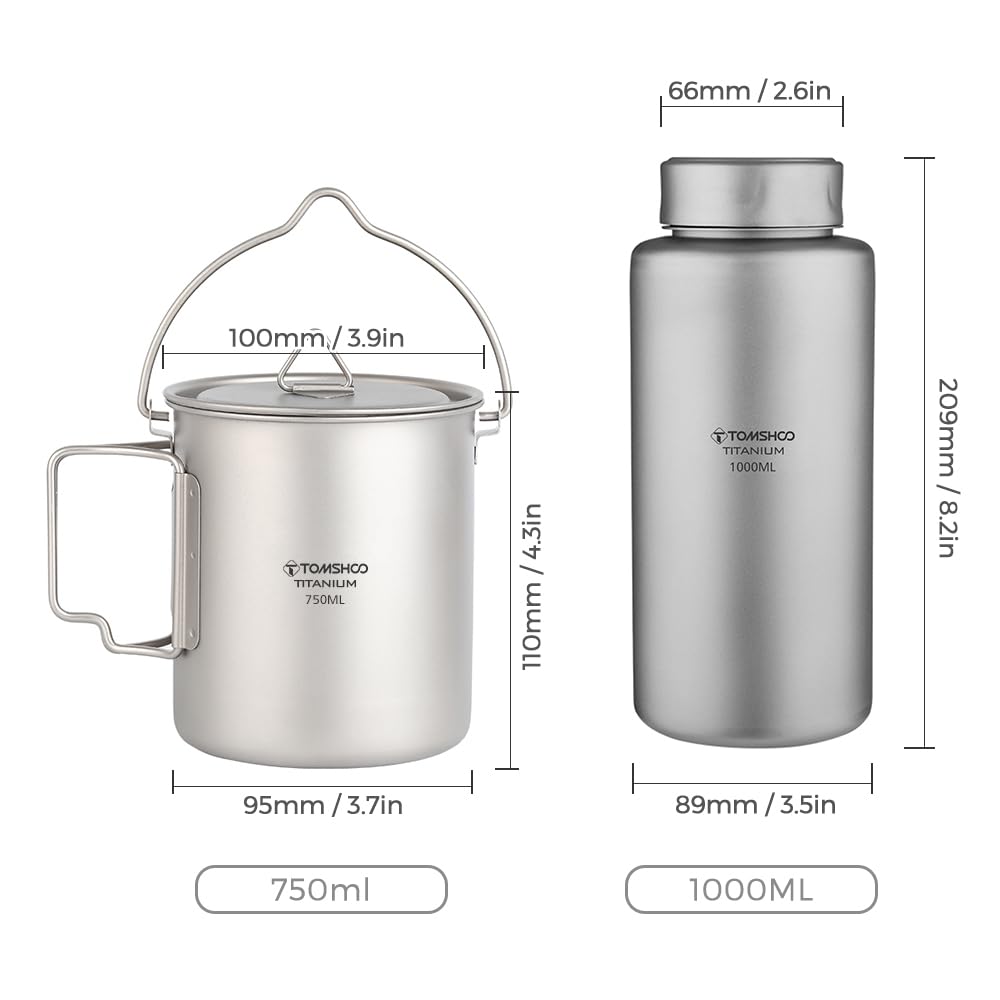 Bouteille d'eau en Titane 1L Bouteille d'eau de Sport légère et étanche avec Pot Suspendu de 750 ML Camping en Plein air Randonnée Sac à Dos
