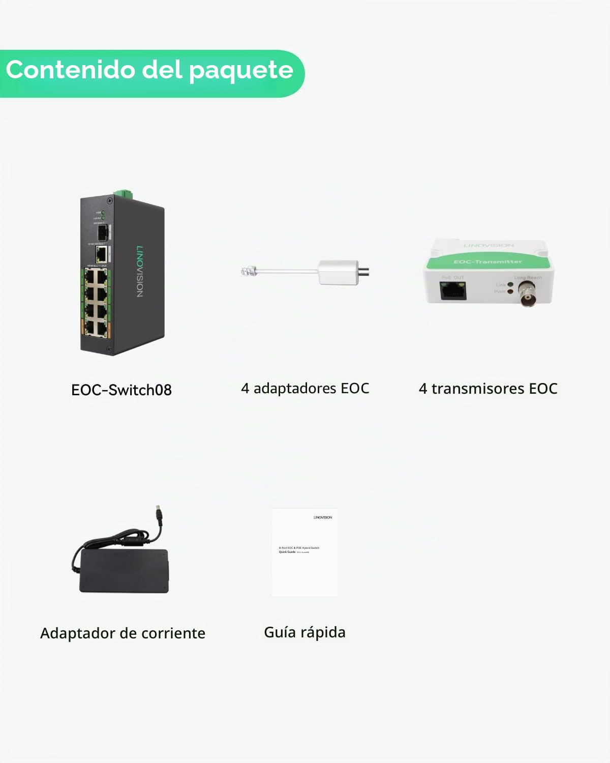 LINOVISION Conmutador EOC y POE industrial de 8 puerto con transmisor de 4 EOC, PoE de largo alcance sobre cable coaxial o UTP, cableado simplificado, actualización del sistema analógico al sistema IP