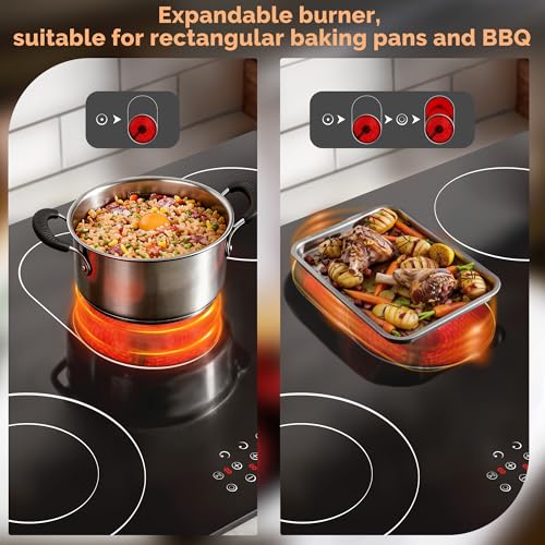 Image of Noxton Electric Cooktop 30 Inch,8400W High Power 5 Burner Radiant Stove Top | Expandable Burner, Child Safety Lock, Timer, Pause, 30 inch Drop-in Install Electric Ceramic Stovetop, 220-240V Hardwire, No Plug