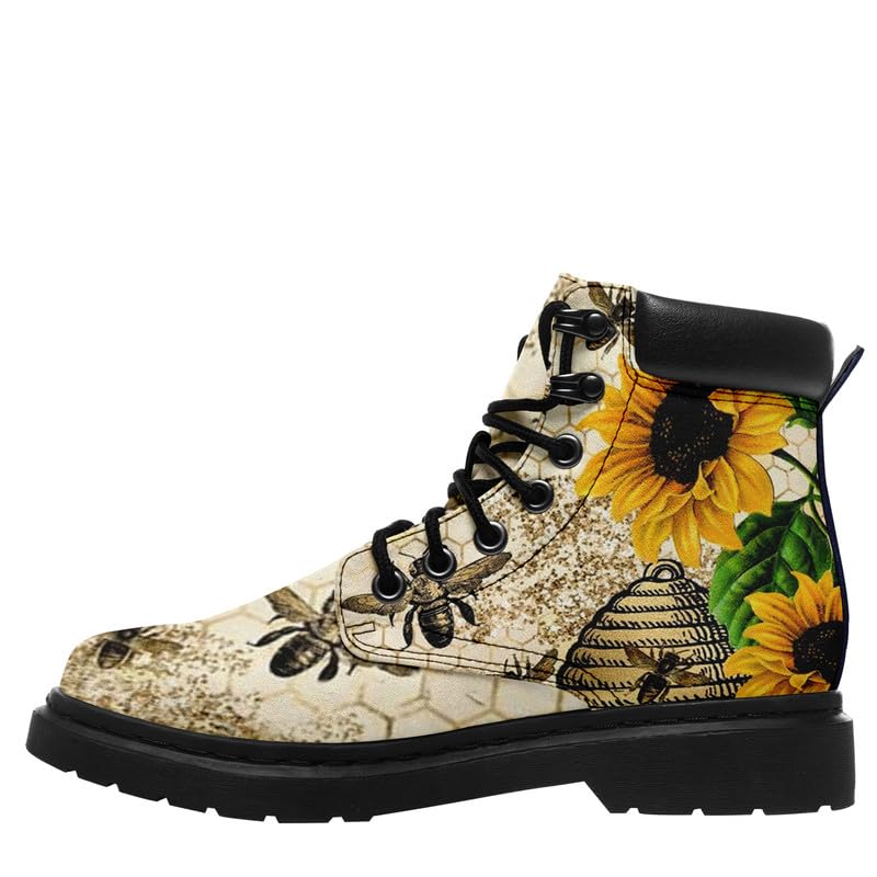 Customizable Women's Ankle Combat Boot with Charming Bee & Floral Design, Stylish Vegan Leather Fashion Booties