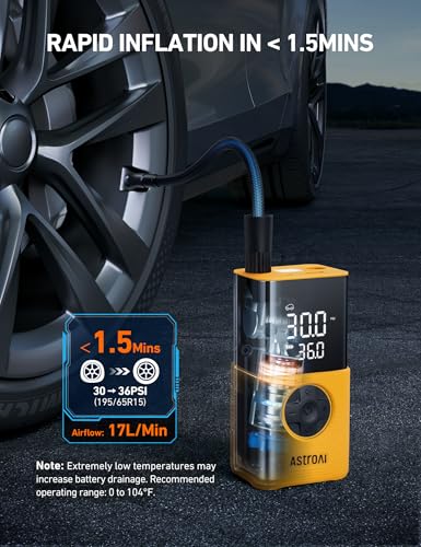 Image of AstroAI L7S Tire Inflator Portable Air Compressor Cordless with Digital Pressure Gauge, 150 PSI LED Light Bike Air Pump with Fast Inflation & Auto Shut-Off for Car Tires,Motorcycles,Bikes,Balls,Yellow