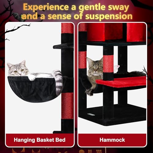 Image of Globlazer Gothic Corner Cat Tree Tower for Large Cat, 66inch Tall Large Goth Cat Tree for Multiple Indoor Cats with 6 Scratching Posts, 2 Spacious Condos, Soft Hammock, Hanging Basket, C66, Red Black