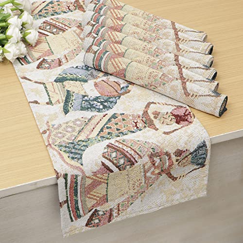 Image of HOKIPO Dining Table Placemats 6 Pieces with Runner (IN530-D3*6+IN531) Multicolor Tribal Women