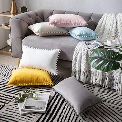 Dezene 12X20 Throw Pillow Covers Pink: 2 Pack Cozy Soft Pom-Poms Velvet Rectangular Decorative Pillow Cases For Farmhouse Home Decor #TOP5