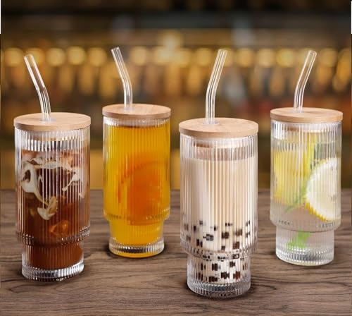 Image of Reusable Glass Coffee Sipper Mugs with Lid & Straw Pack of 1, 300ml Multipurpose Drinking Glasses Tumbler with Leather Sleeve Cup for Juice Smoothies Iced Tea Home & Travel (Sipper Lining)