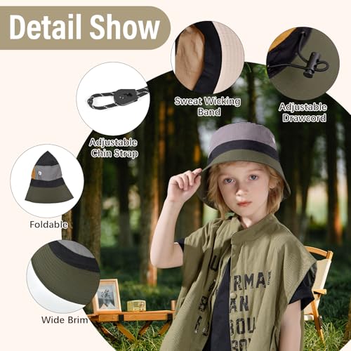 Image of Outdoor Kids Sun Hat Quick Dry Bucket Hat Multiple Color Patchwork for Boys Girls 8-15 Years UPF 50+ Summer Beach Hats