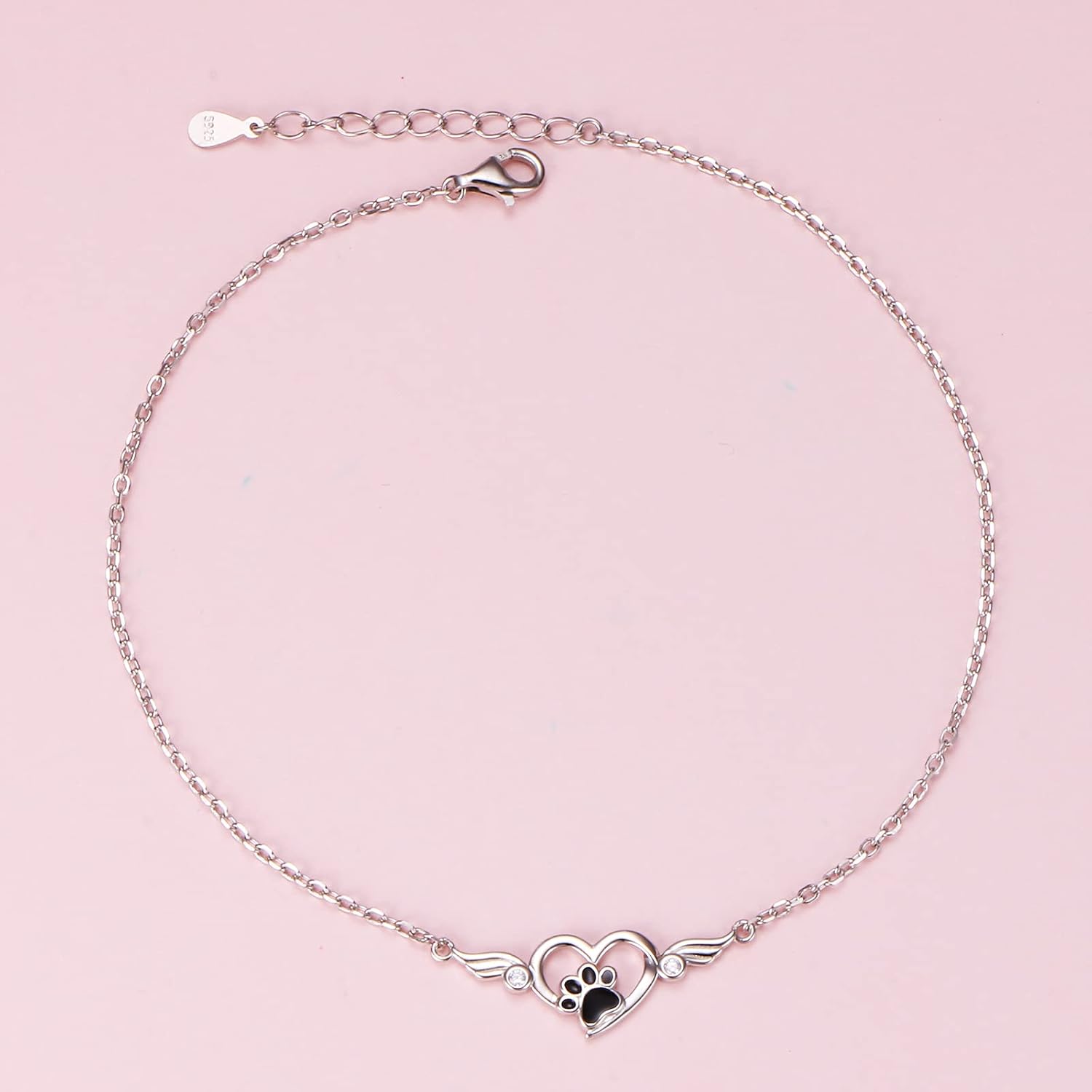 FLYOW 925 Sterling Silver Cute Paw Print Forever Love Heart Pendant Necklace/Bracelet/Stud Earrings Gift for Women, Box Chain 18"