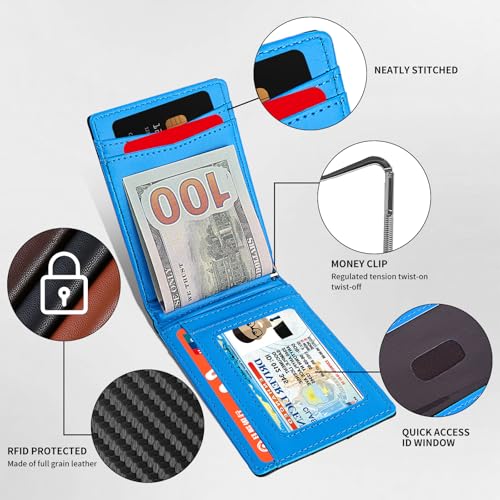 Slim Wallets for Men Leather Money Clip RFID Blocking Mens Wallet Minimalist Front Pocket Credit Card Holder Thin Wallets for Men, Black Blue2