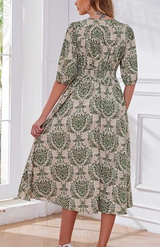 Image of Kormei Women Casual Boho V Neck 3 /4 Sleeve Smocked Waist A Line Flowy Swing Midi Dress Smocked Long Dress