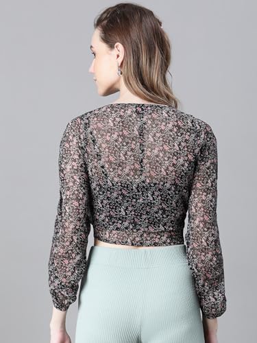Image of oxolloxo Women Floral Print Semi-Sheer Round Neck Tie-Knotted Elasticated Long Crop Sleeve Top