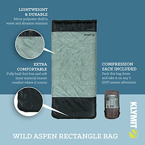 Klymit Wild Aspen Lightweight Rectangle Sleeping Bag, 20°F Sleeping Bag For Camping, Hiking, And Backpacking In Cold Weather, Green #TOP1