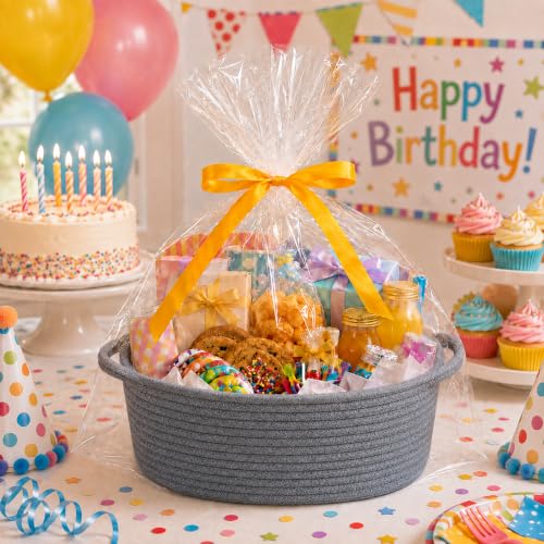 Image of Empty Gift Basket with Gift Bag & Ribbon, Woven Rope Basket, 12x8x5 inch