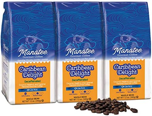 Manatee Caribbean Delight Decaf Whole Bean Coffee 12 Ounce (Pack of 3) Rich Medium Roast Flavored Coffee with Hints of Coconut Hazelnut and Caramel Decaffeinated Low Acid Coffee