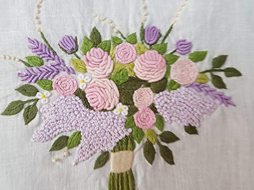 Spettacolari Asciugamani 1+1 Puro Lino Ricamo Bouquet in Punto Pieno a Mano