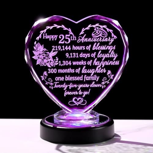 Arikyrist Happy 25th Wedding Anniversary Love Gifts for Her 25th Heart Anniversary Glass Keepsake Collectible with LED Base 25 Years Anniversary Presents for Women Wife Couples
