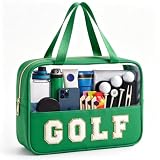 KRYZMET Golf Makeup Bag, Golf Gifts for Women Girls, Cute Chenille Letter Patch Clear Cosmetic Bag with Handle and Zipper, Waterproof Nylon Travel Toiletry Make Up Pouch, Golf Trip Must Haves