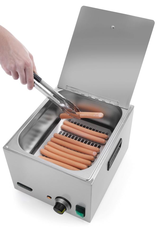HENDI Würstchenwärmer, Temperaturbereich bis 85 °C, hitzebeständige Griffe, Wurstwärmer, Bockwurstwärmer, Hot Dog Maker, Wurstkocher, 9,3L, 230V/1000W, 386x287x(H)258mm, Edelstahl