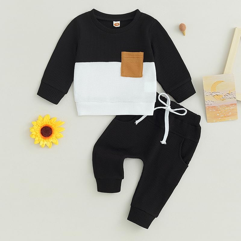 Baby Boy Clothes Fall Winter Outfits Waffle Knit Contrast Color Sweatshirt Top Casual Pants Set Toddler 2Pcs Outfit2
