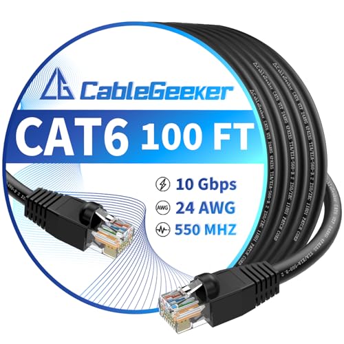 CableGeeker Chat 6 Câble Ethernet 100 ft, vitesse élevée 10Gbps CCA Câble réseau Internet, 24AWG Cordon de patch de poids lourd, UTP LAN Câble de partage Internet pour routeur, modem, PS5/4, Xbox, Serveur, Noir