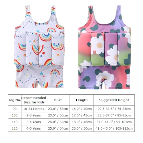 IDOPIP Kids Baby Girl Float Suit Floral Floatation Swimsuit with Adjustable Buoyancy Bathing Swimwear Toddler One Piece Swimming Suit Summer Sleeveless Swim Vest Beachwear White + Rainbow 4-5 Years