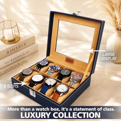 Image of LEDO Luxury Watch Box Organizer with 8 Slots, PU Leather Case, Blue and Cream Interior, Transparent Display, Metal Clasp Lock, Rectangular Storage for Men and Women