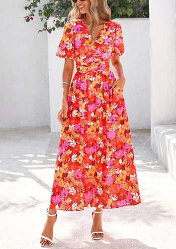 Image of PRETTYGARDEN Womes Boho Maxi Dresses 2026 Summer Spring V Neck Puff Sleeve Empire Waist A Line Flowy Long Beach Floral Dress