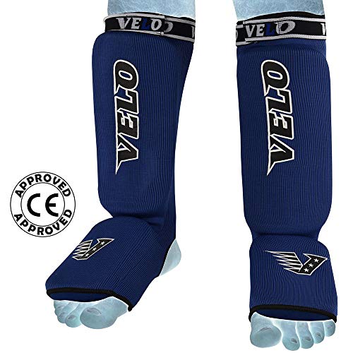 VELO Shin Instep Pads MMA Leg Foot Guards Kick Muay Thai Boxing Guard Protectors (Blue, S)