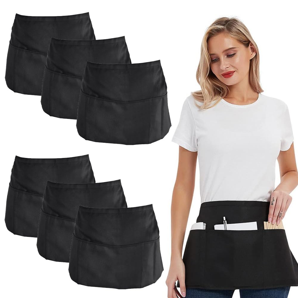 6 Pz Grembiule Nero, Corto Unisex 86 * 55cm, Grembiule da Barbecue con 3 Tasche