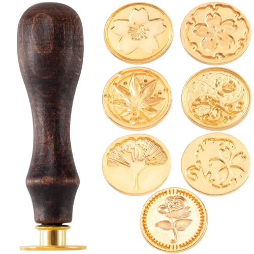 Mxxipp 8pcs Wax Seal Stamp Set, Brass Sealing Wax Stamps Head & Wood Handle for Wedding Invitations Cards(Love Rose+Tai Chi Rose+Lacy Sakura+Big Sakura+Vine Sakura+Maple Leaf+Ginkgo Biloba Leaf)