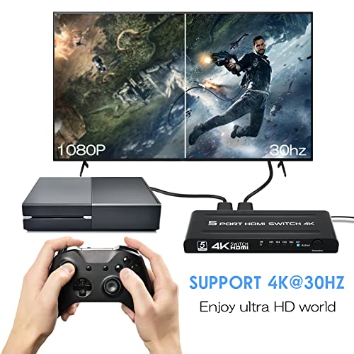 Switch HDMI 5 Entradas 1 Salida, 4K Conmutador HDMI Automatico con Alimentación y Mando a Distancia para HDTV DVD Xbox PS3 PS4 Blu-Ray Proyector