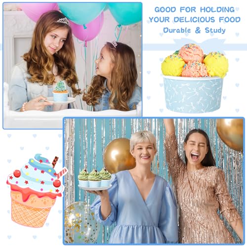 Image of Maxdot 60 Pcs 3 oz Paper Ice Cream Cup Disposable Dessert Western Cup Paper Yogurt Snack Bowl Bulk for Hot and Cold Food Ice Cream or Mousse for Birthday Valentine Party Supplies(Blue,Bow Knot)