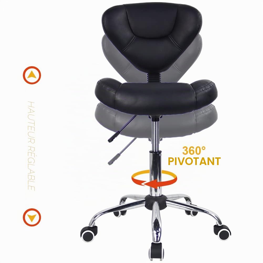 WKWKER Tabouret Roulant Ergonomique avec Coussin épais en Cuir PU Tabouret Pivotant à Hauteur Réglable pour Le Travail Spa Salon De Tatouage avec Dossier (Noir)